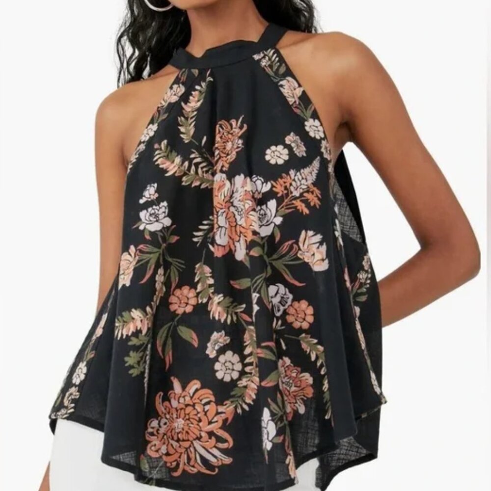 Free People Black Floral Halter Flowy Tank Size M